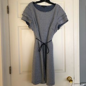 Navy Geometric Sheath Dress with Rope Belt